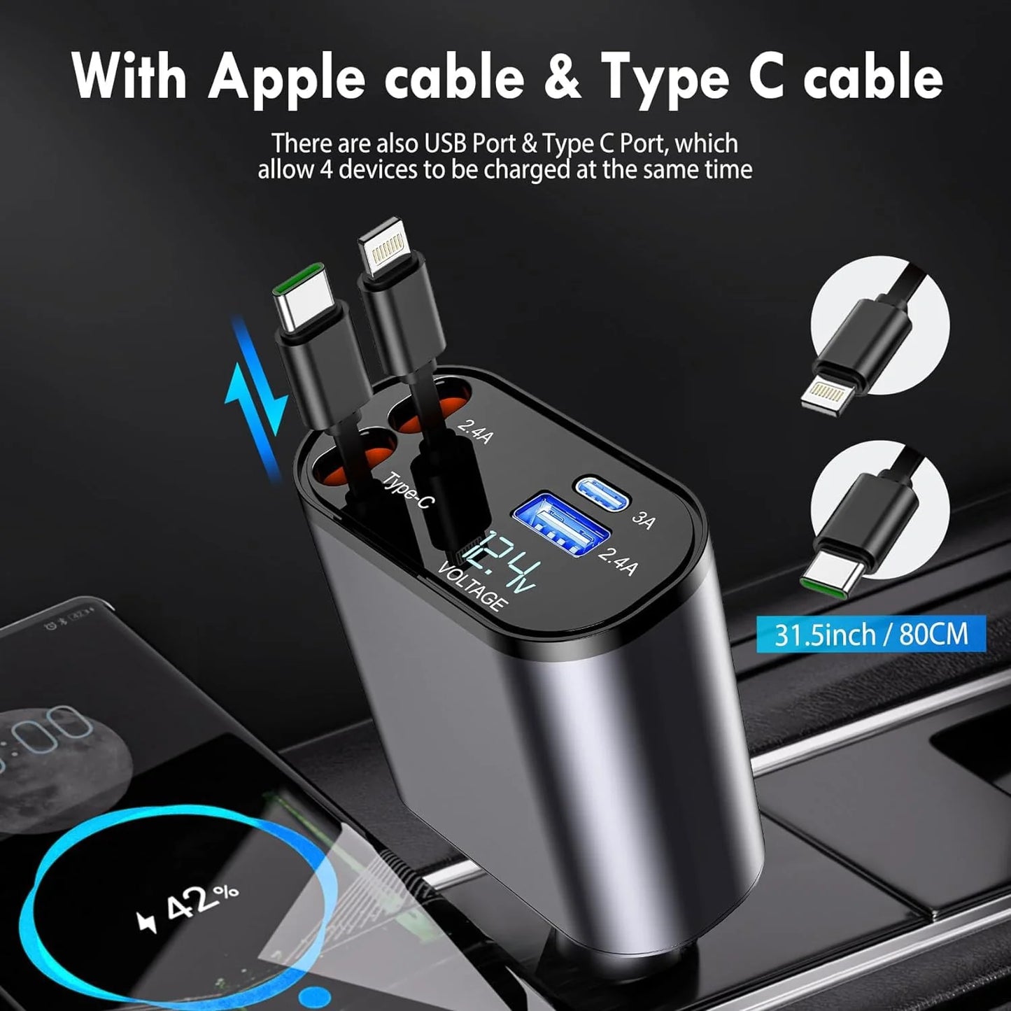 4 in 1 Retractable Car Phone Charger